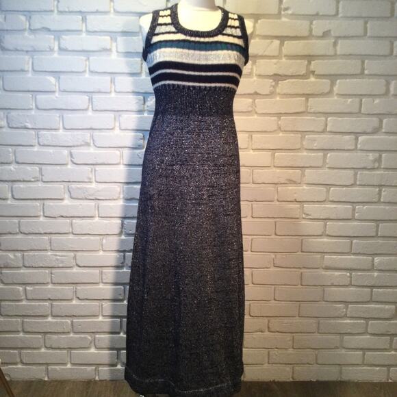 Vtg Jon Michels 1970 knit wool blend metallic strip woven maxi dress 9-10 - Picture 2 of 5